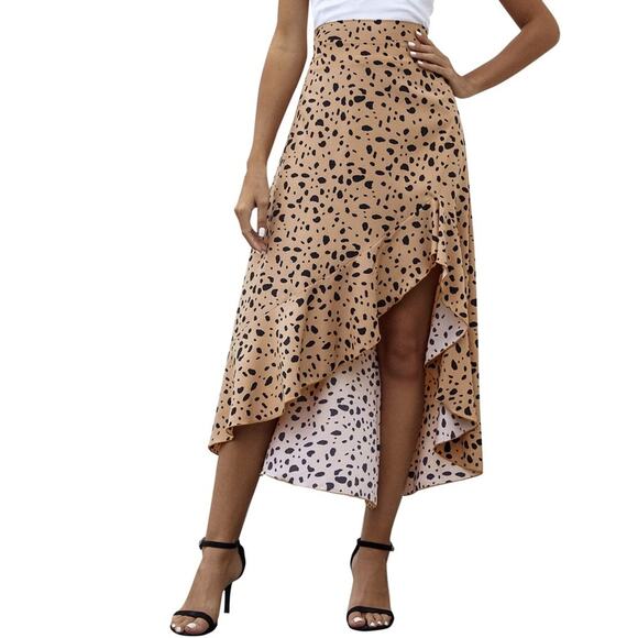 SHEIN • Tan Dalmatian Animal Print Ruffle High Low Pull On Maxi Skirt - Picture 1 of 7